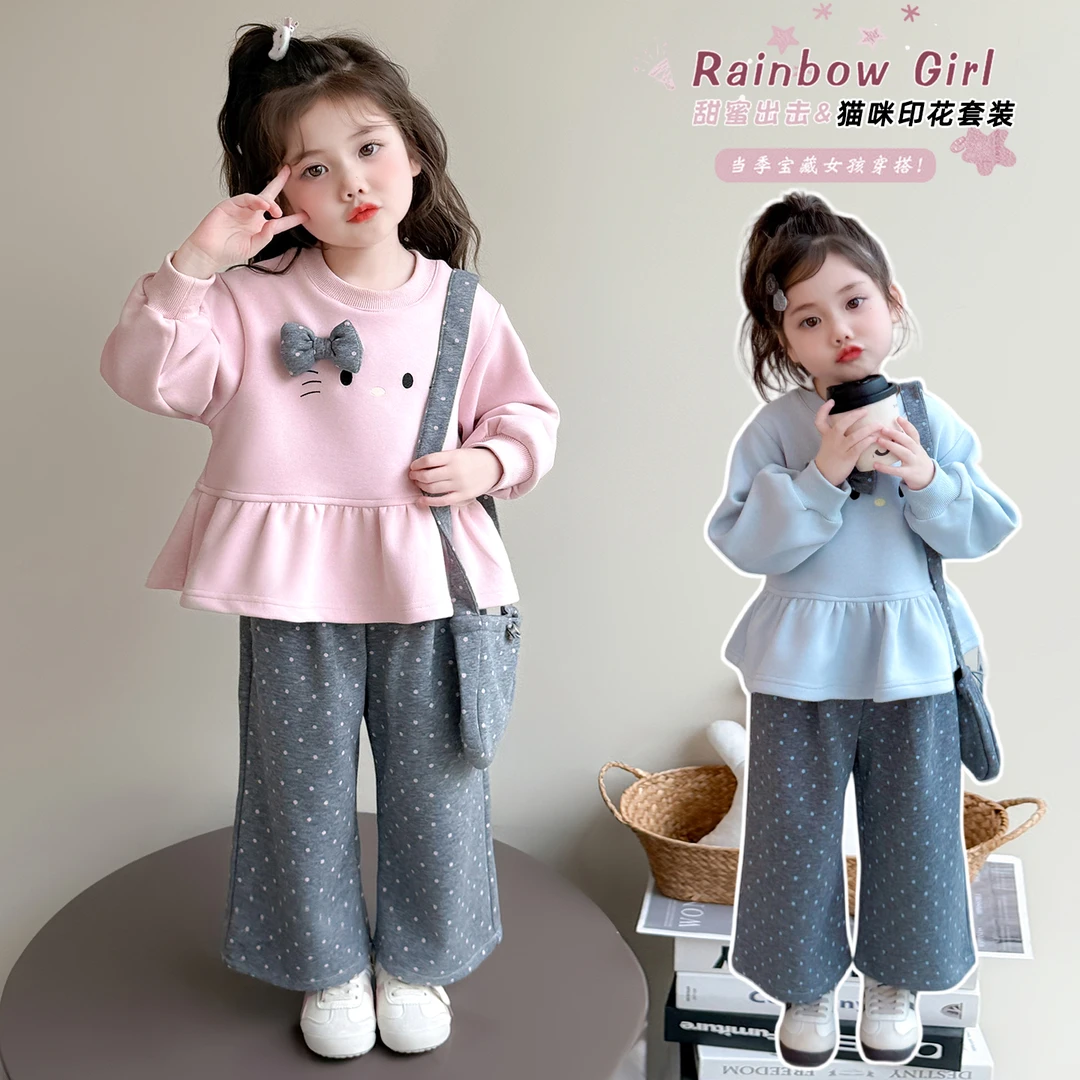 女童套装洋气甜美儿童卫衣波点裤两件套小女孩宝宝春秋装2025新款