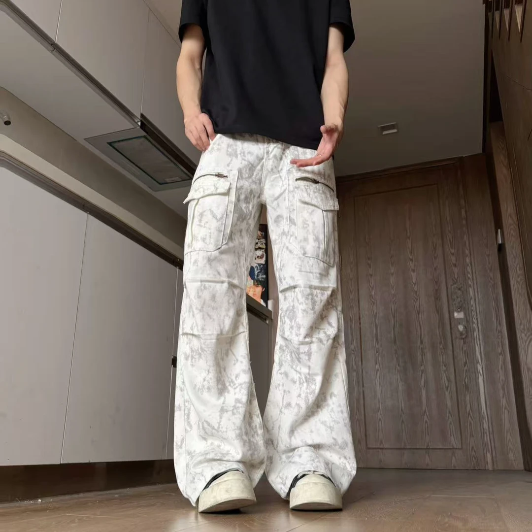 【GD潮牌】春秋美式水洗扎染潮款褶皱工装裤百搭高街微喇牛仔裤