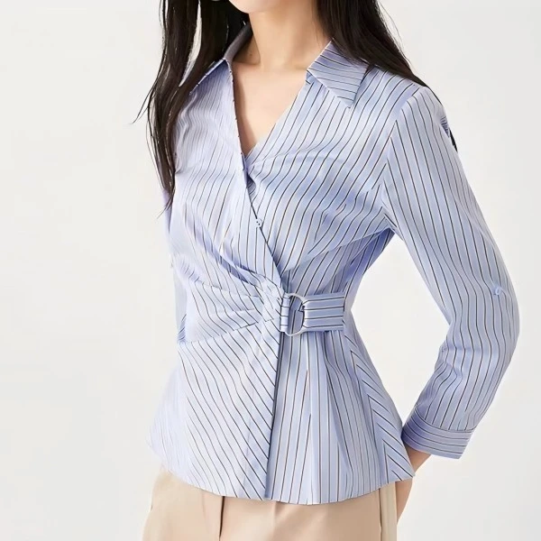 时尚设计感条纹衬衫女2025年季新款简约百搭高级感修身显瘦上衣