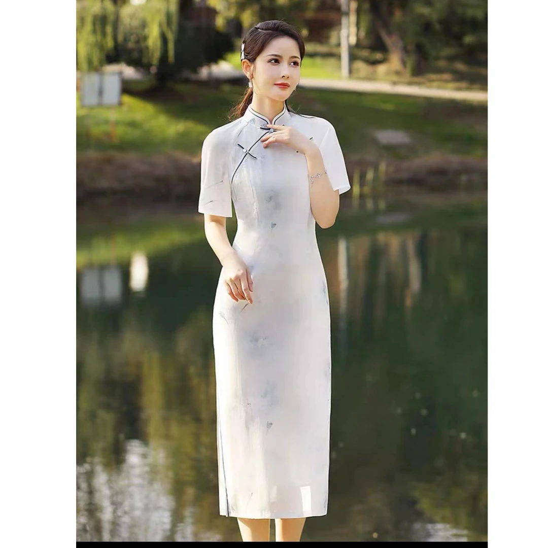 4120-浅蓝 美玲经 荷叶袖  麦穗扣 改良旗袍【扣子 以直播间为主】