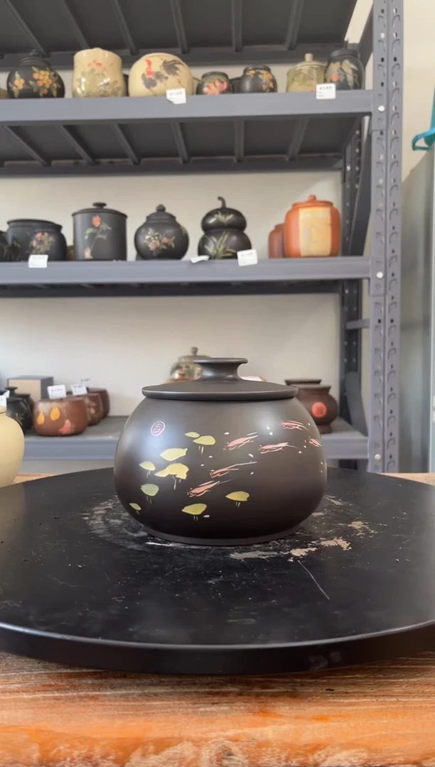 建水紫陶彩绘哑光精品茶罐A212