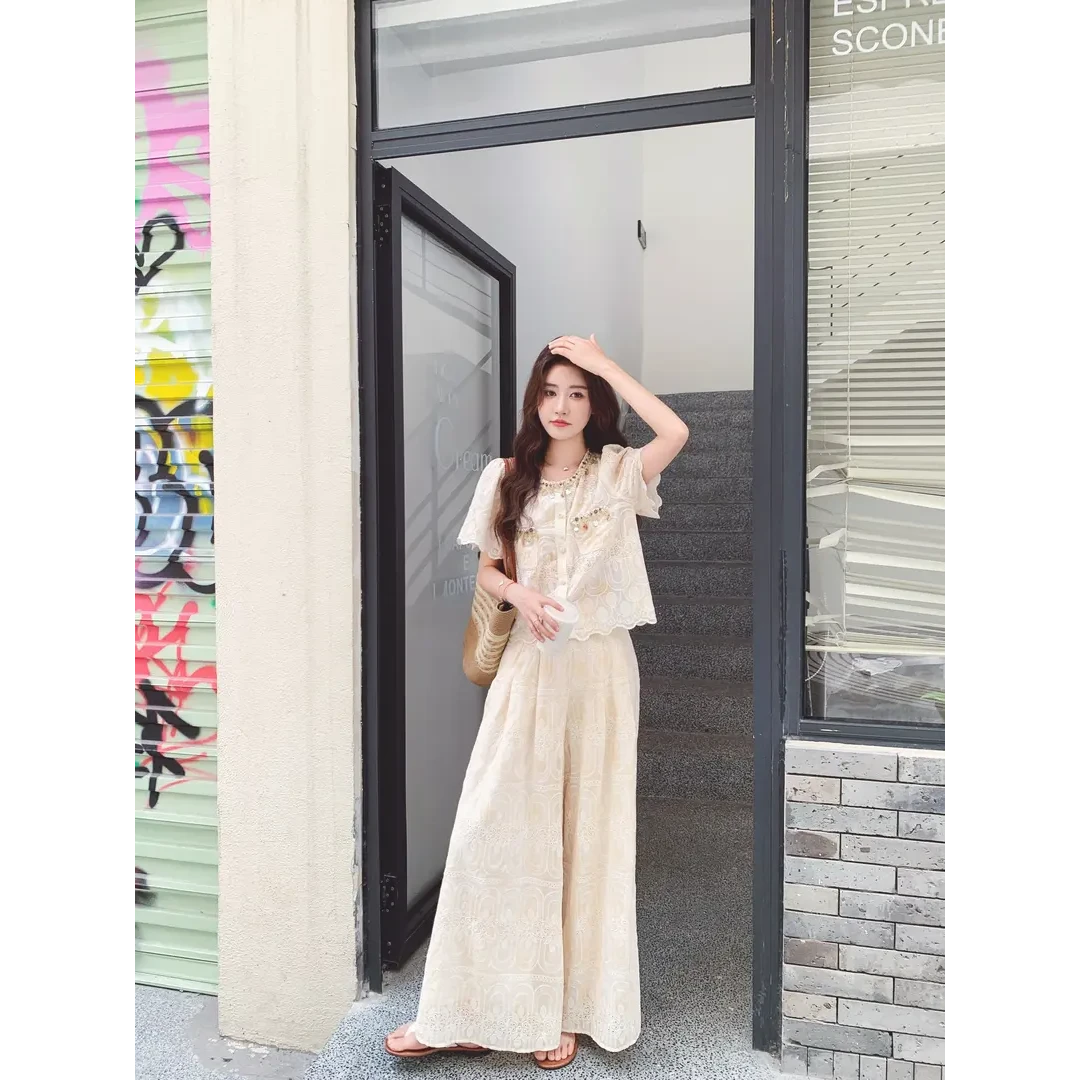 时尚小香风气质穿搭一整套女夏季蕾丝刺绣短袖上衣高腰阔腿裤套装