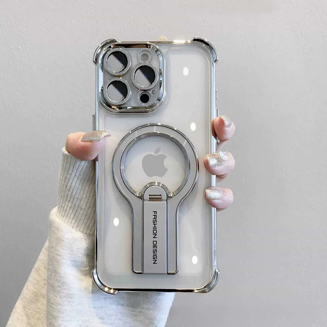 适用iPhone16手机壳电镀四角防摔金属折叠磁吸支架苹果15透明硬套