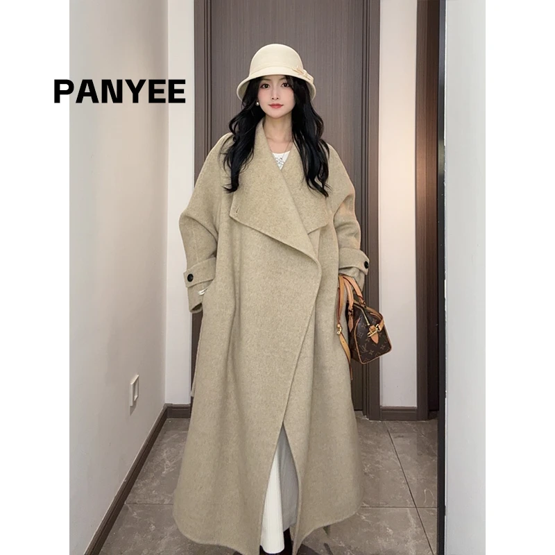 【盐风棱语】高品质秋冬新款休闲腰带中长款双面羊毛大衣外套女装