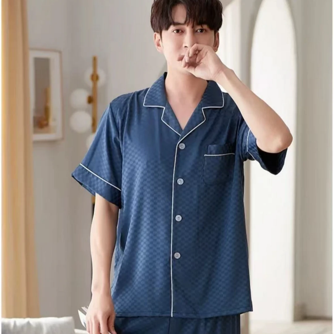 高端格子提花男夏季短袖宽松薄款睡衣高级感居服