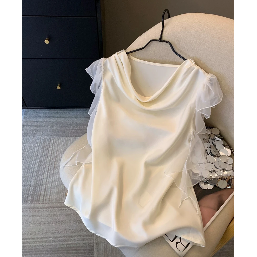 纯欲风荡领衬衫女夏季新款荷叶边飘带雪纺衫小飞袖上衣9036