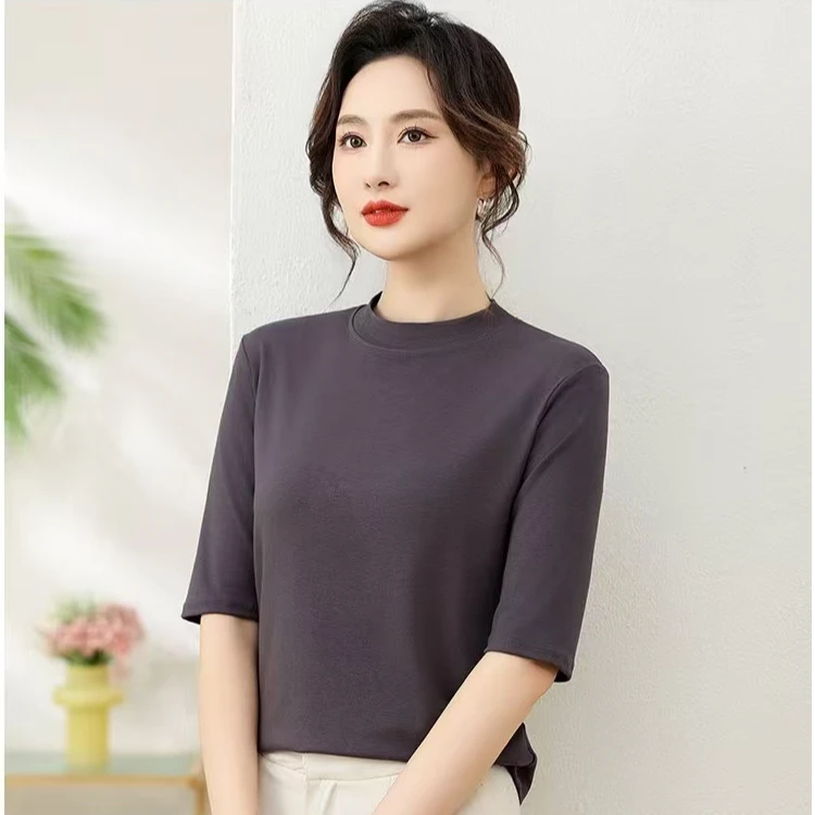 2025夏季百搭纯色螺纹修身新款圆领中袖打底上衣显瘦洋气T恤
