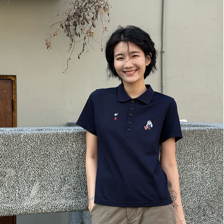 浪清/女装推荐 诺因雪夏季薄款卡通小熊刺绣POLO衫44935#新款上衣