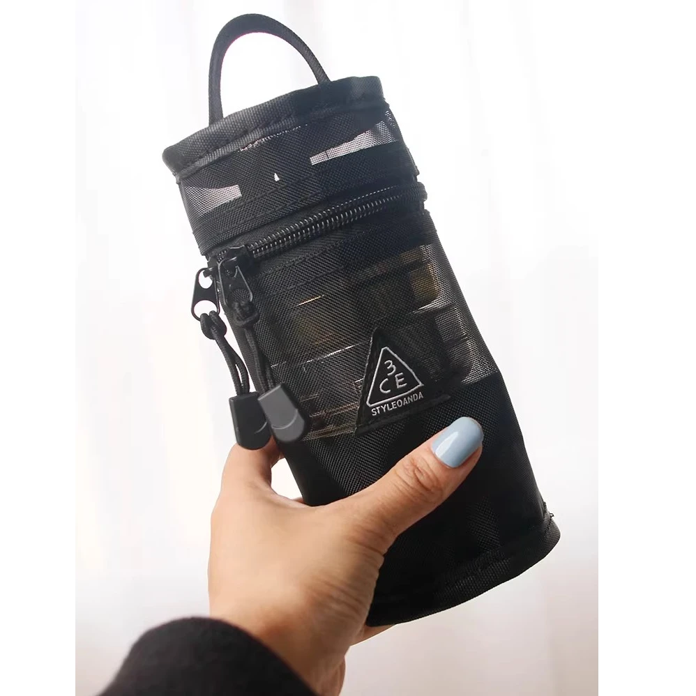 化妆包女2024新款便携式大容量外出携带网纱黑色收纳包化妆刷桶