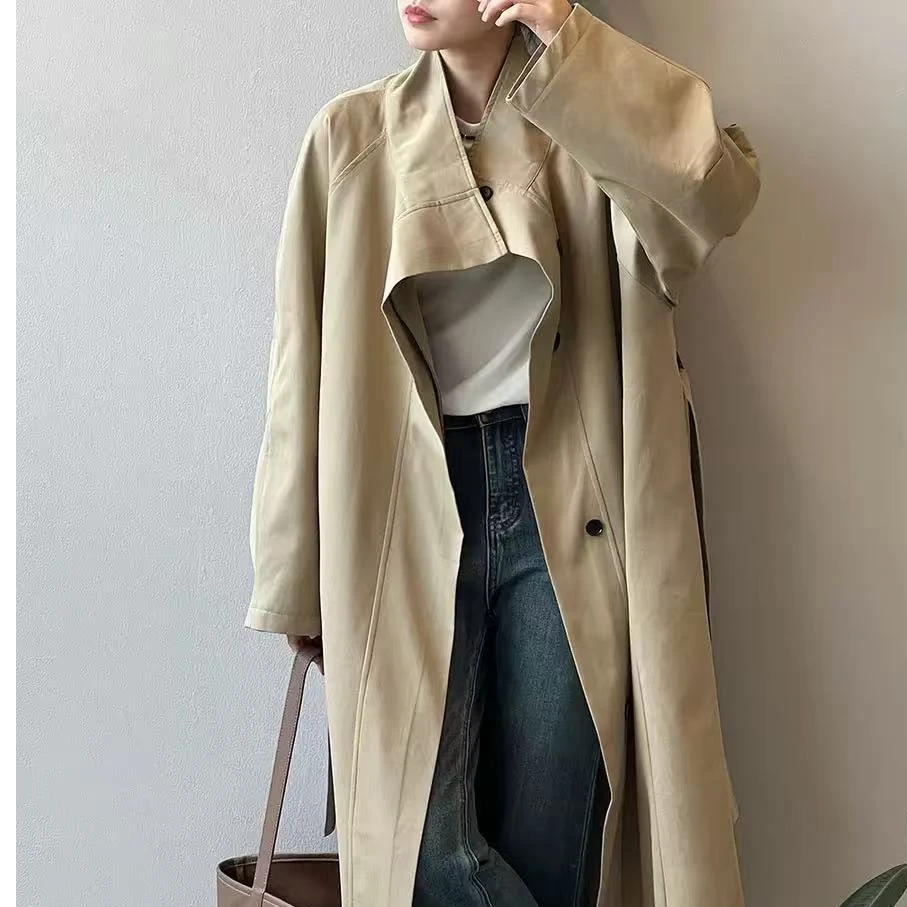 韩版时尚百搭风衣气质网红休闲女士宽松中长款设计师卡其色