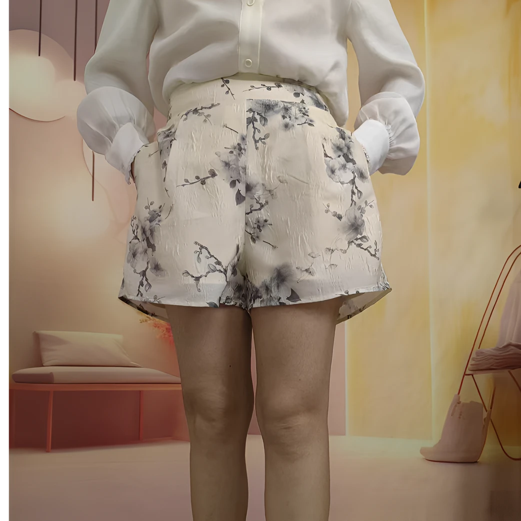 新中式时尚提花印花短裤收腰百搭宽松设计显瘦舒适裤装