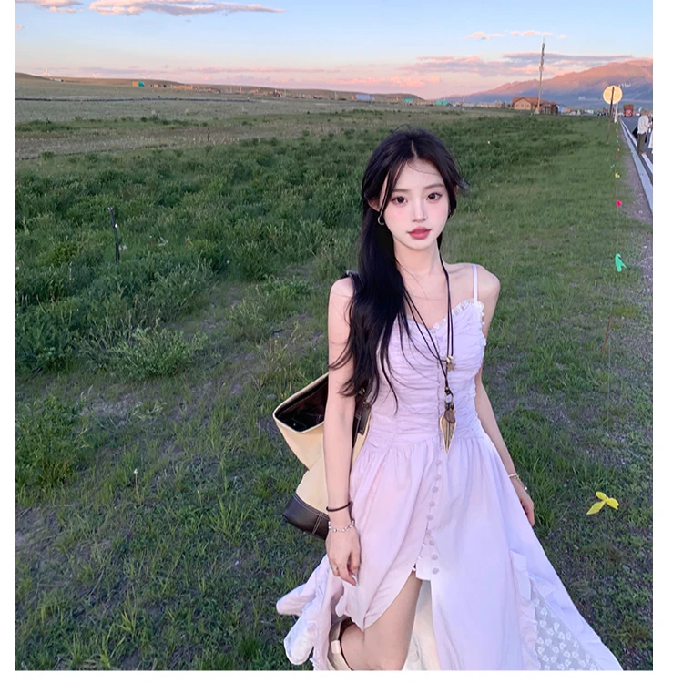 源头工厂清货价【紫色妹妹】 蕾丝拼接打褶吊带连衣裙