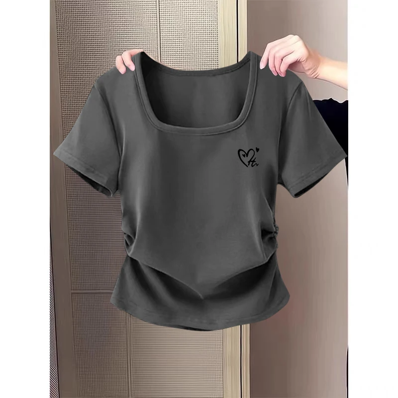 大码女装2025新款辣妹方领t恤女短袖修身显瘦韩版简约百搭上衣服