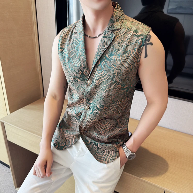 提花无袖男士单西装夏季冰丝薄款透气中国风无里衬休闲西服背心男