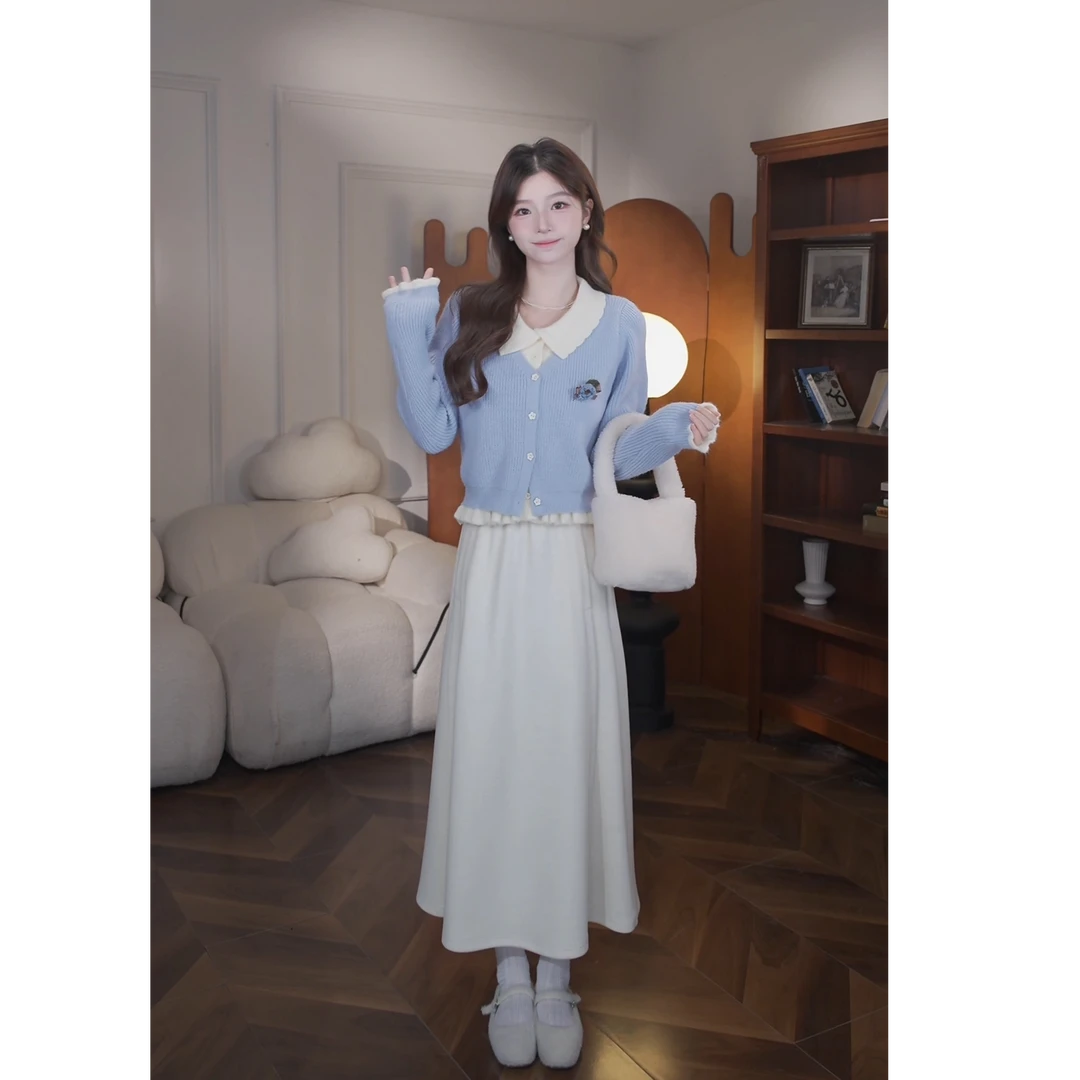 鹿向南【失落情书】秋季新款原创设计假两件毛衣针织拼接蓝套装女