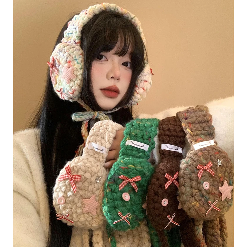 民族风蝴蝶结针织毛线耳罩女冬季保暖防寒护耳套护耳暖耳包耳捂子