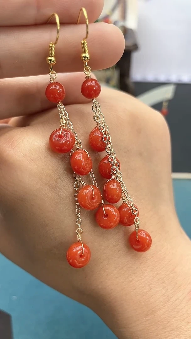 南红玛瑙14K金镶嵌耳饰红色十全十美