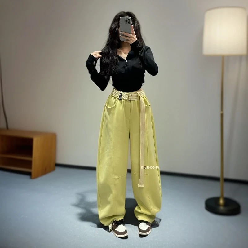 2025春季美式高街腰带阔腿弯刀束脚潮流显瘦休闲裤大码106K19105