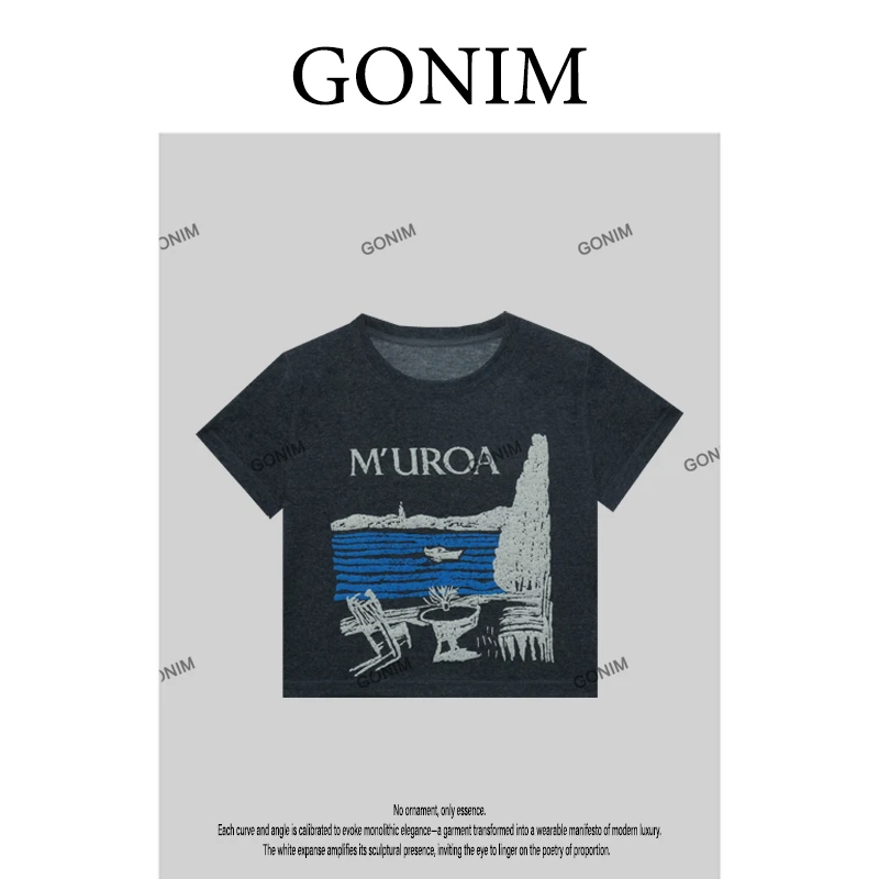 Gonim· “素描海滩”2025春夏新款撞色印花百搭时尚感减龄上衣女T