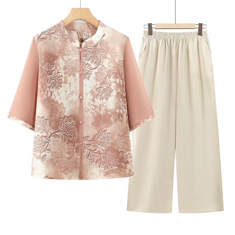 9231-夏季新款新中式国风中袖显气质开衫妈妈装套装（小雨）