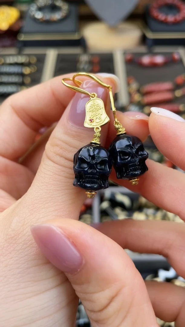 未镶嵌耳饰玛瑙/玉髓精品蓝沁大黑天尸陀林耳饰