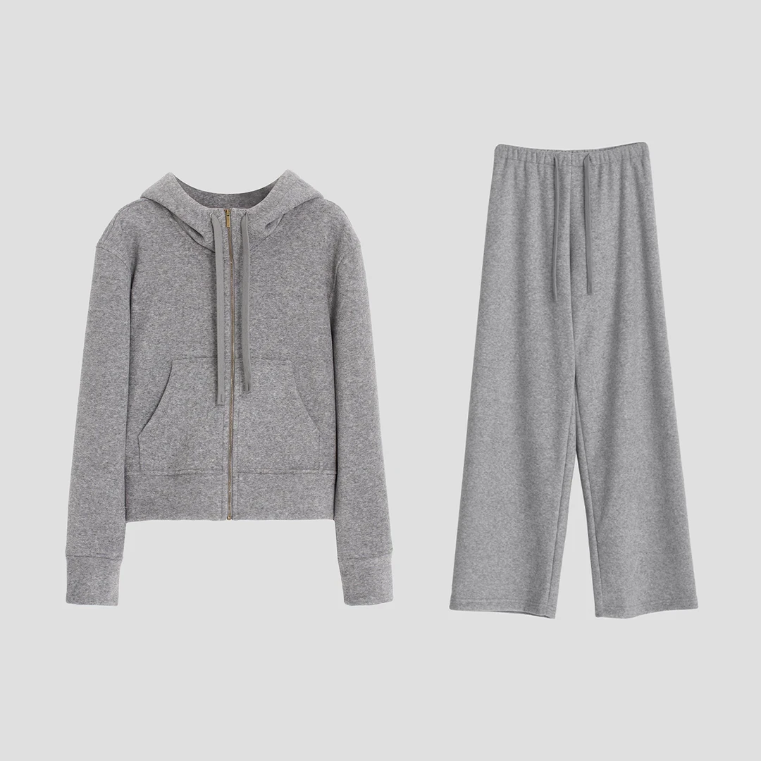 冬季加绒加厚休闲运动连帽卫衣+阔腿裤套装