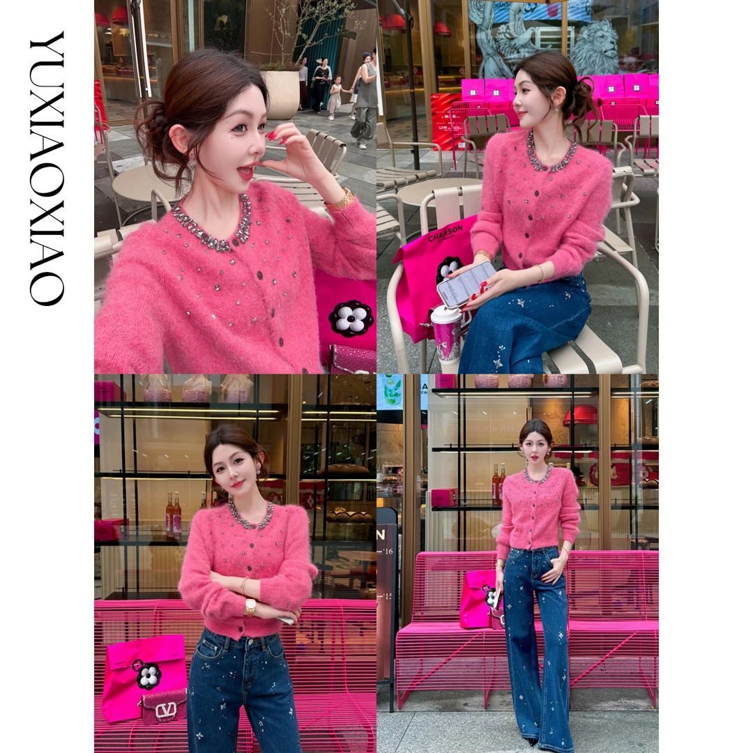 余潇潇【富家甜宠】羊驼毛混纺保暖减龄精美手工订钻圆领开衫毛衣