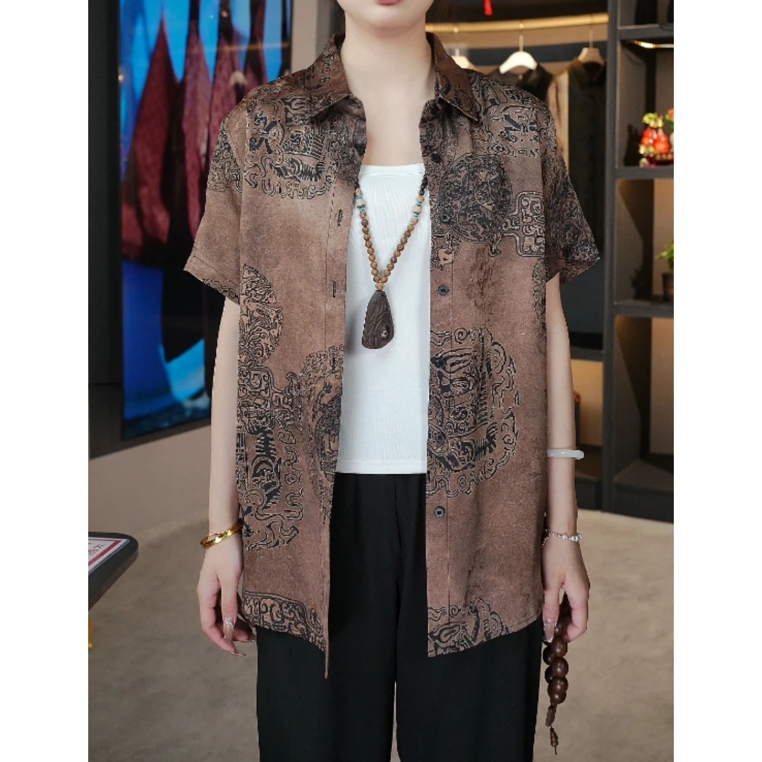 【青铜龙纹】古绣花萝香云纱桑蚕丝短袖衬衫休闲百搭透气