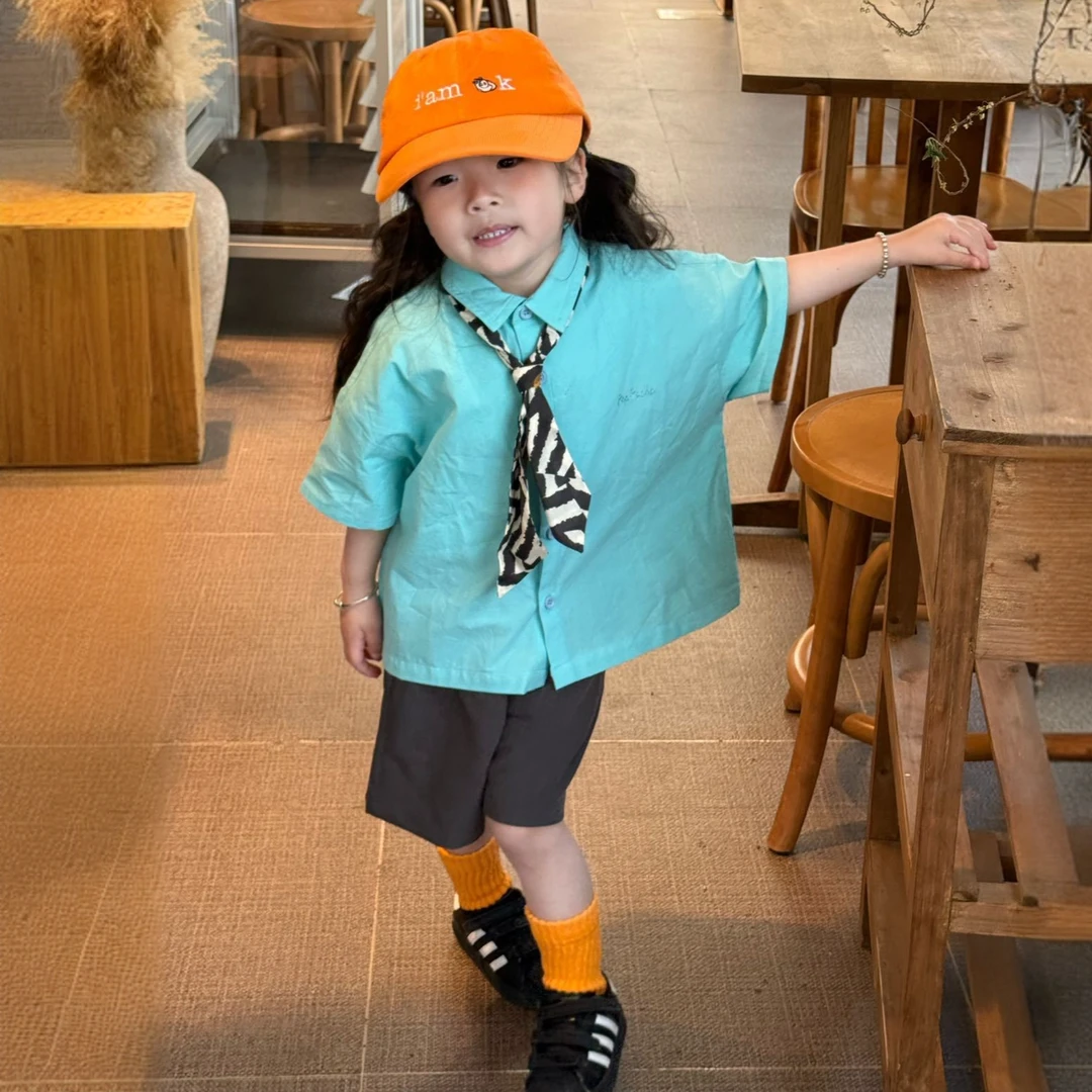 小惜亦夏季2025韩版童装学院风男女童套装衬衫灰色短裤儿童套装