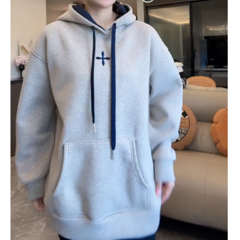 复古懒风中长款宽松大版连帽加厚加绒卫衣LK2507973