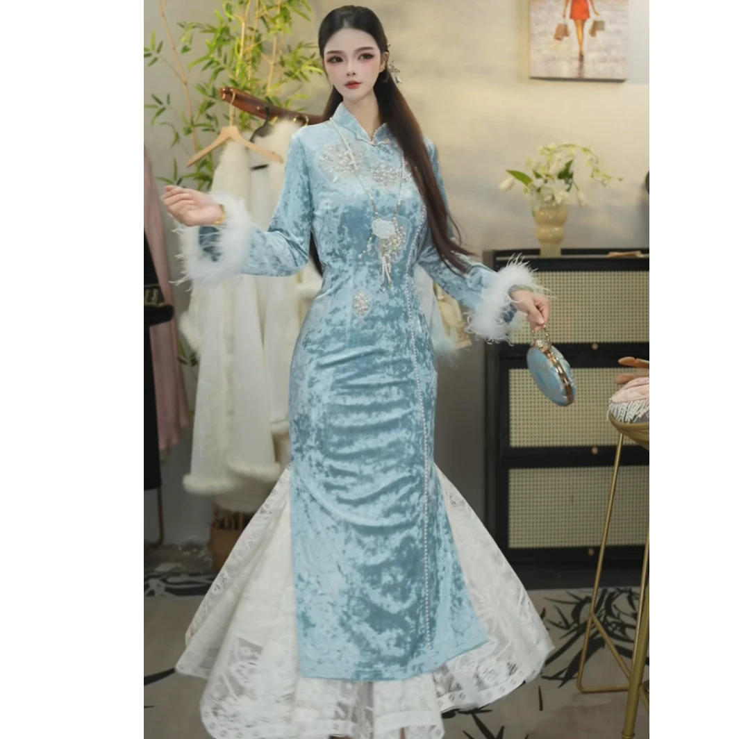 微岚熙2025秋款中国风新中式时尚蓝色旗袍套装WW（5742+5761）