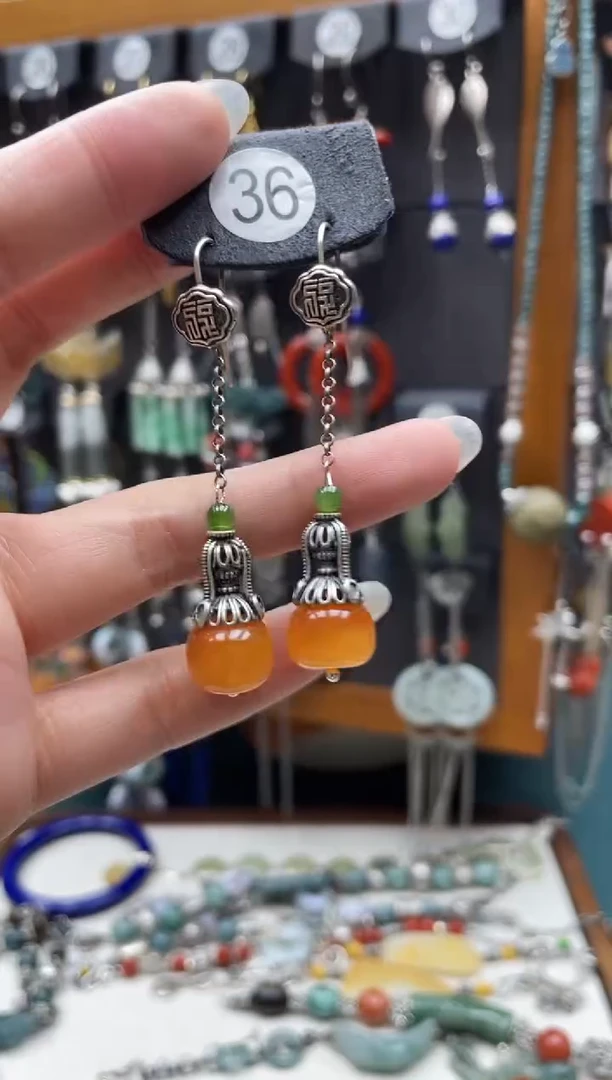 银S925镶嵌蜜蜡耳饰琉*?饰品