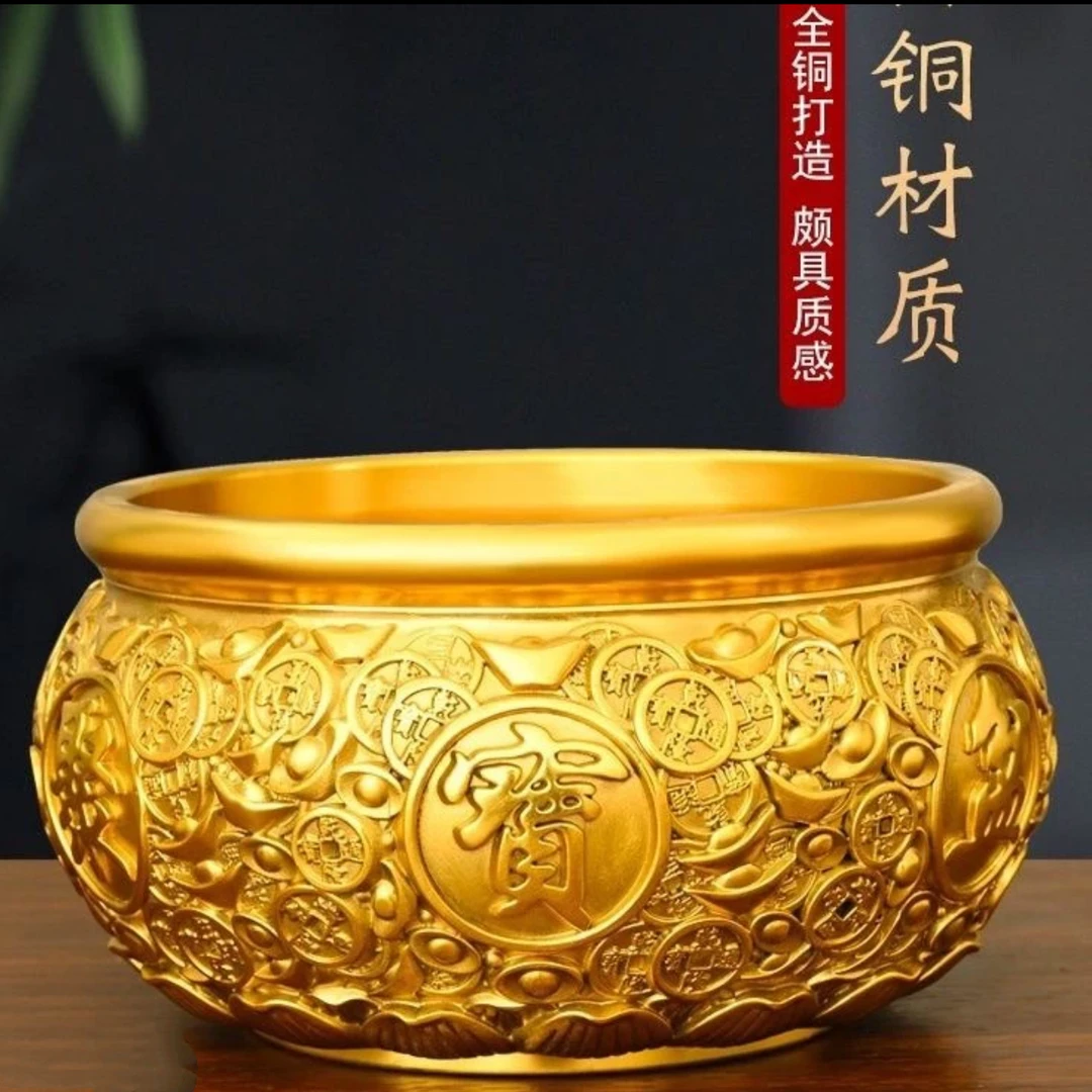 【铜德社】铜制4斤6金聚宝盆直径20cm家居办公室装饰摆件工艺品