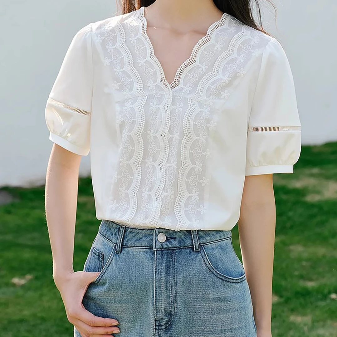 【丽Ly直播间同价】夏拼接白色全棉蕾丝刺绣花边V领短袖上衣25206