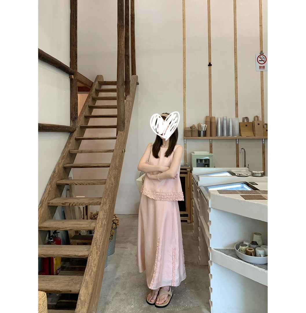 【可露丽甜心】夏季新款花边拼接套装背心半裙两件套女时尚温柔风