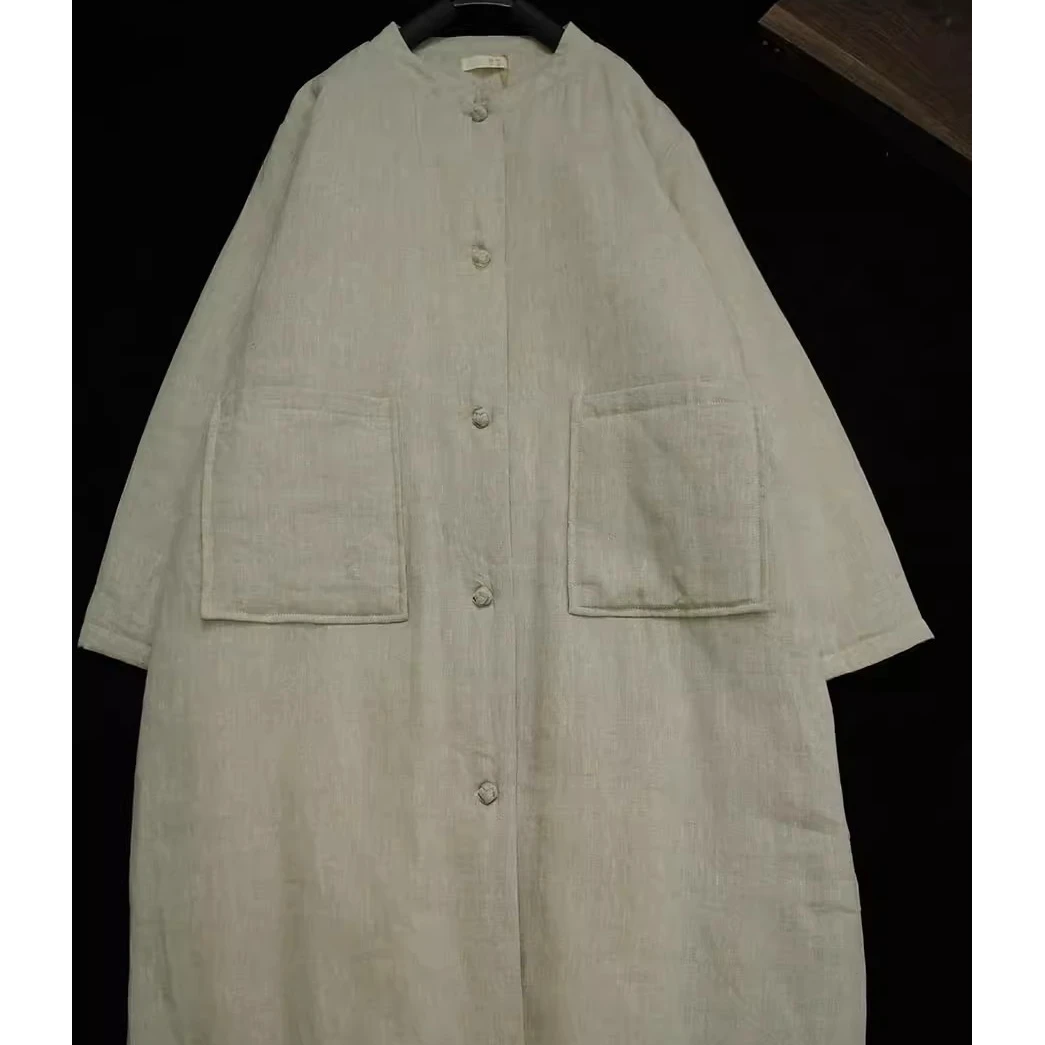 砂洗亚麻中式对襟加厚棉袄风衣盘扣长款棉衣