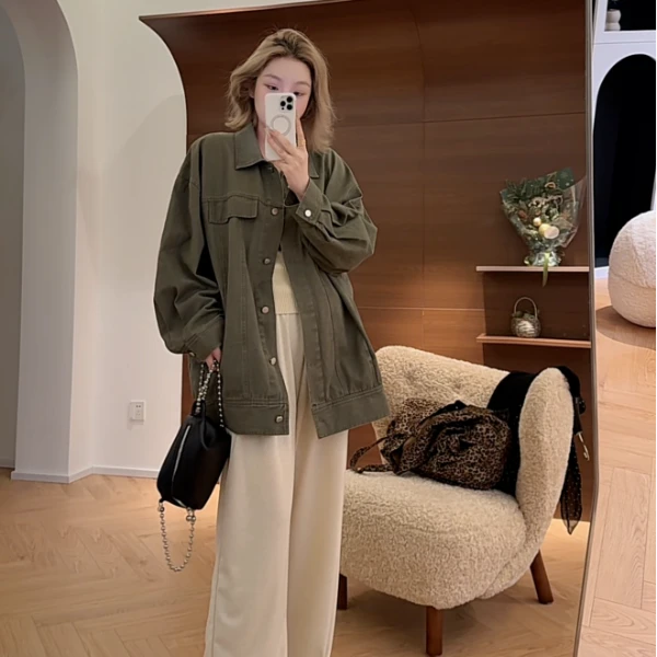 【瘦瘦】厚乳抹茶-春秋两色翻领口袋简约休闲百搭牛仔外套S01275
