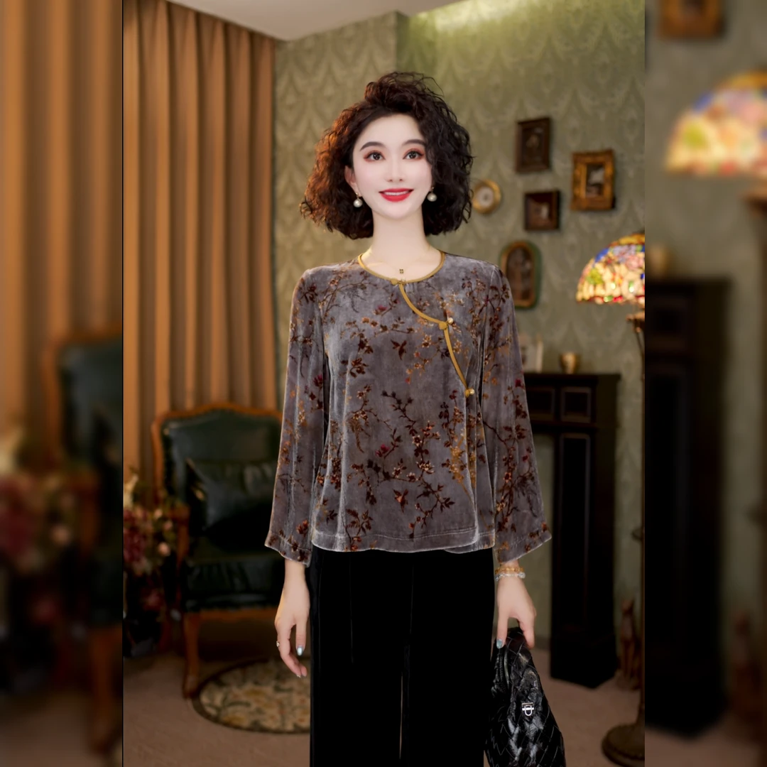 100%真丝丝绒新中式国风长袖女2025秋季港风复古上衣LYGSY1811