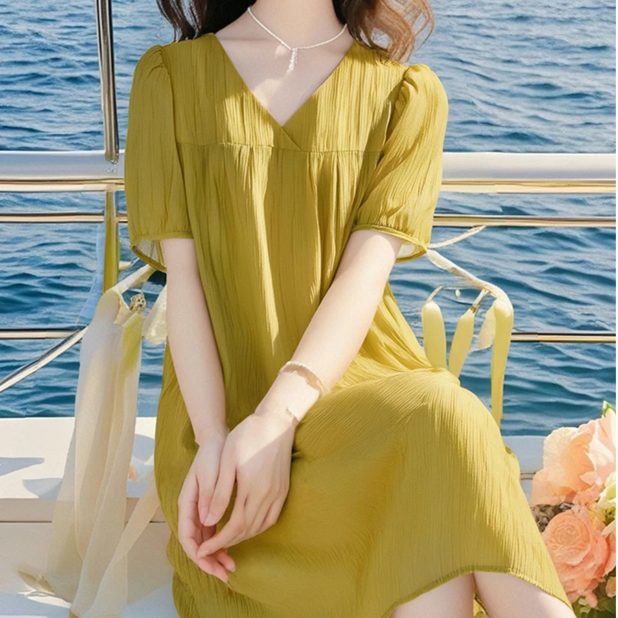 小个子法式V领温柔宽松天丝连衣裙（送本布腰带）MXGS23041 301-F26