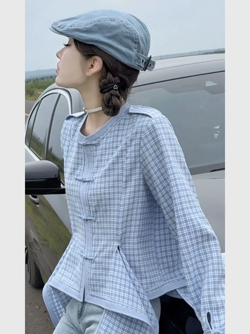 蓝色格子盘扣衬衫女2025秋季巨好看小衫新中式国风不规则唐装上衣