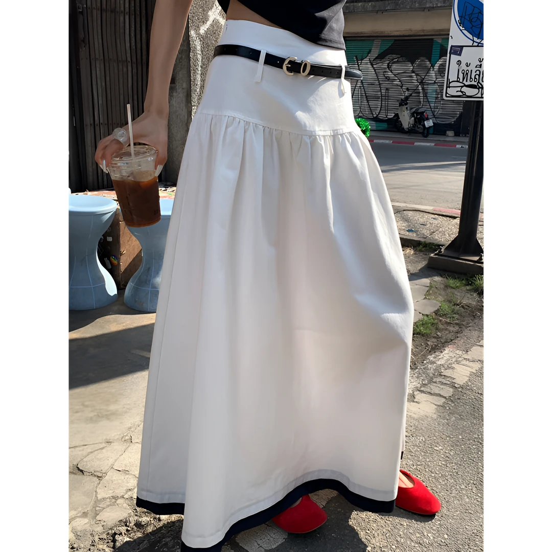 韩版设计感撞色高腰显瘦a字半身裙春夏新款法式优雅拼接长裙
