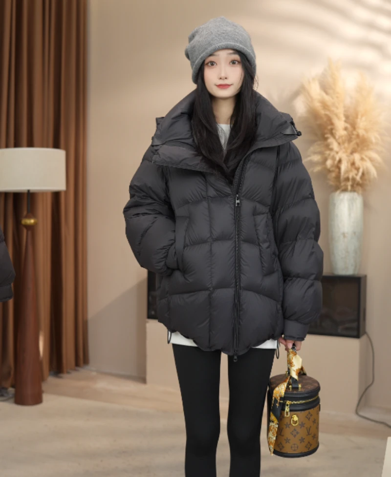 双拉链90白鸭绒冬季欧货高端中长款羽绒服女宽松连帽加厚