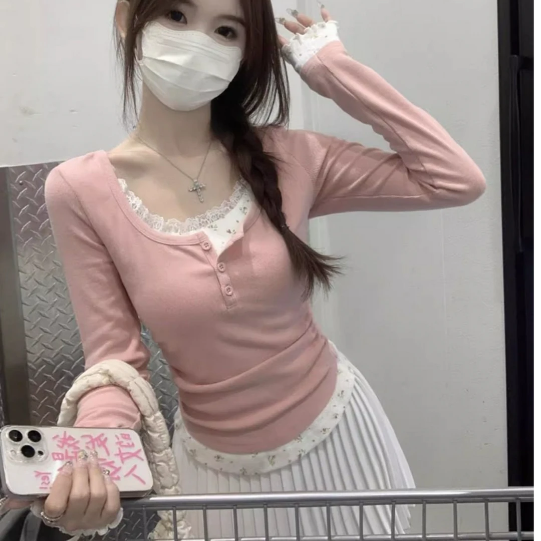 女士秋季薄款纯欲风碎花蕾丝边长袖拼接假两件上衣显瘦百搭体恤女