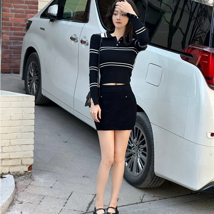 流光风 甜酷感浪漫少女珍妮 羊 毛条纹polo+短裙秋冬时尚针织套装
