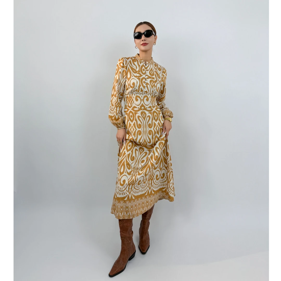 茉达霓莎连衣裙黄色长袖女士休闲时尚民族风设计师（mdn-152）