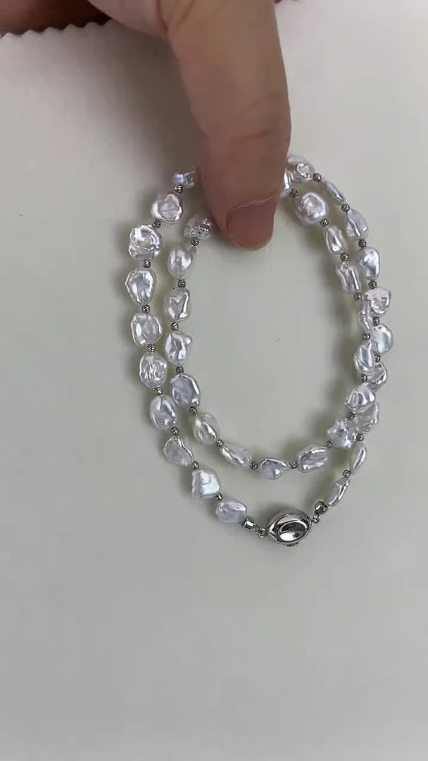 淡水珍珠银S925镶嵌颈饰天然珍珠极光野生无核keshi石头链