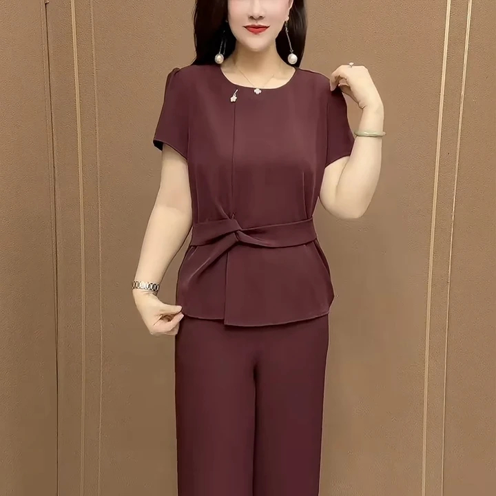2025夏季新款高档气质中年女士减龄装大码拼接收腰显瘦款百搭套装