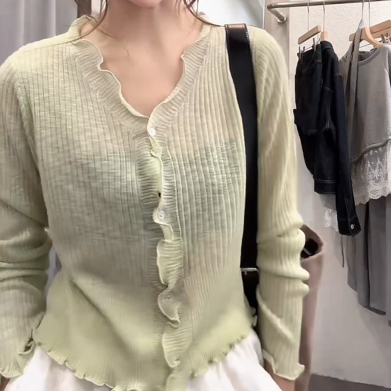 2025夏季显瘦透气上衣【薄荷绿开衫】木耳边V领薄款开衫LK2502941