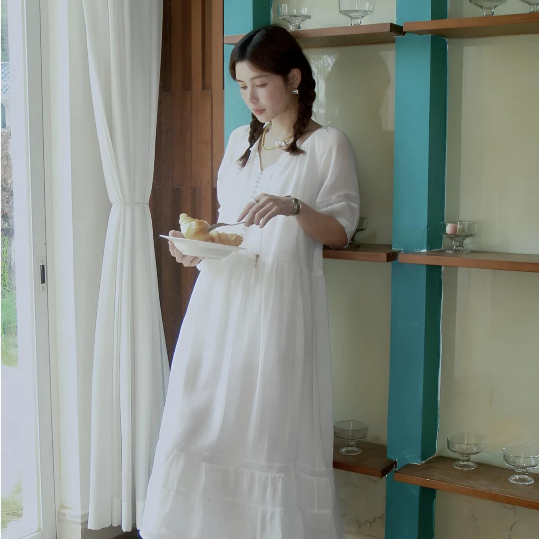 秋屿moment 自制 夏季法式百搭宽松短袖连衣裙