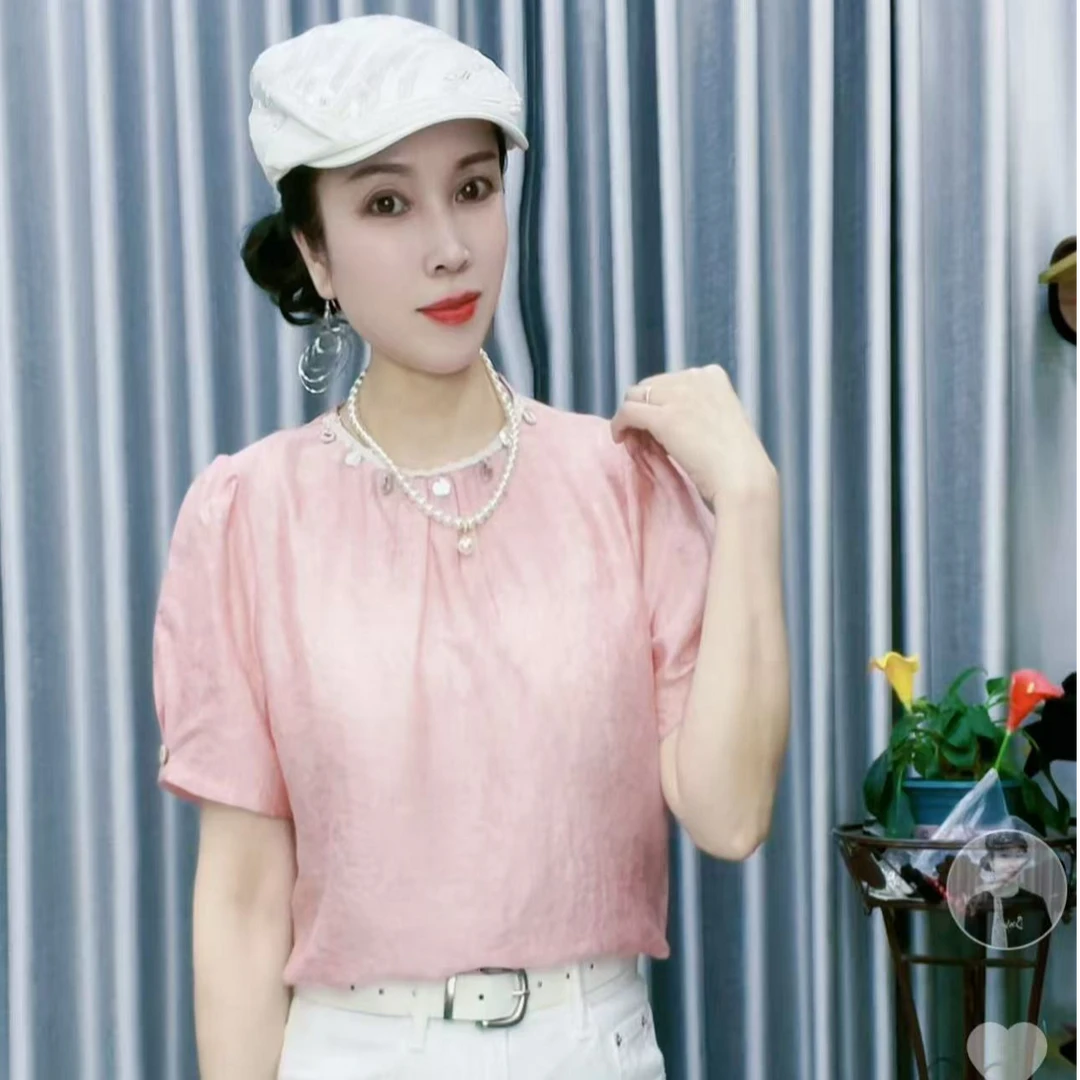 【懂你吴姐】2407新款圆领订珠片上衣